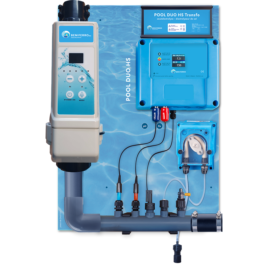 Salt electrolysis HS pre-mounted on wall plate with pH and RX control - Display - 16g/h - Swimming pool 50m³ - with flow switch