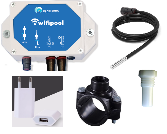 Wifipool TLF module incl temp probe + tapping saddle 50mm -&gt; 1/2 inch + temp probe gland +  USB transformer plug 1 connection complete kit