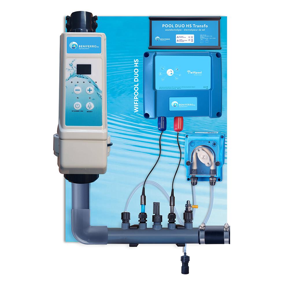 Salt electrolysis HS pre-mounted on wall plate with pH and RX control - Wifi - 16g/h - Swimming pool 50m³ - with flow switch