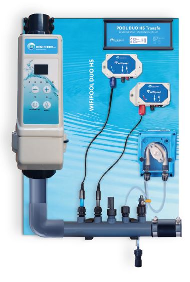 Salt electrolysis HS pre-mounted on wall plate with pH and RX control - Wifi - 20g/h - Swimming pool 60m³ - with flow switch³