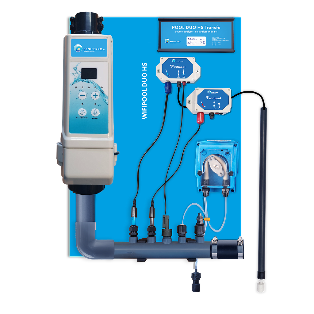 Salt electrolysis HS pre-mounted on wall plate with pH and RX control - Wifi - 20g/h - Swimming pool 60m³ - with flow and level switch³