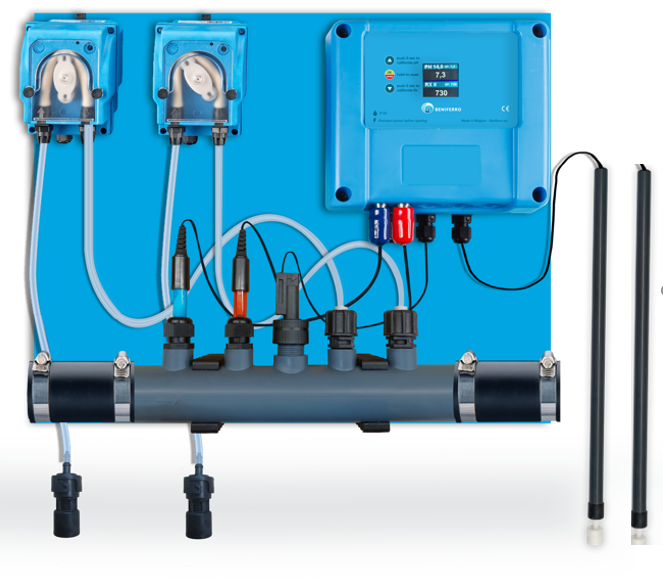 Water treatment Liquid pH and Chlorine  water treatment (display) with flow- and level switch