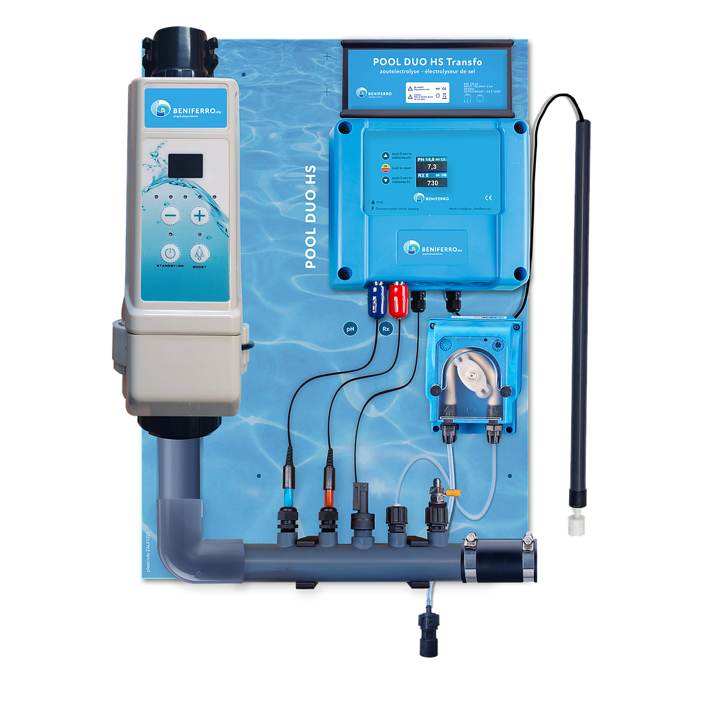 Salt electrolysis HS pre-mounted on wall plate with pH and RX control - Display - 20g/h - Swimming pool 60m³ - with flow and level switch