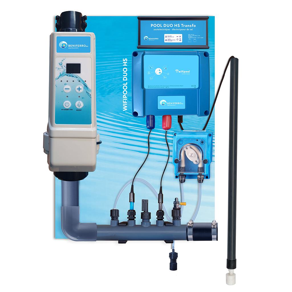 Salt electrolysis HS pre-mounted on wall plate with pH and RX control - Wifi - 16g/h - Swimming pool 50m³ - with flow and level switch³