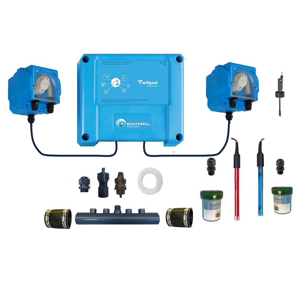 Water treatment Liquid pH and Chlorine  Wifi installation kit for pH and liquid chlorine control with flow switch and distribution tube, expandable with level, pressure and temperature measurement and with 2 extra control plugs.
