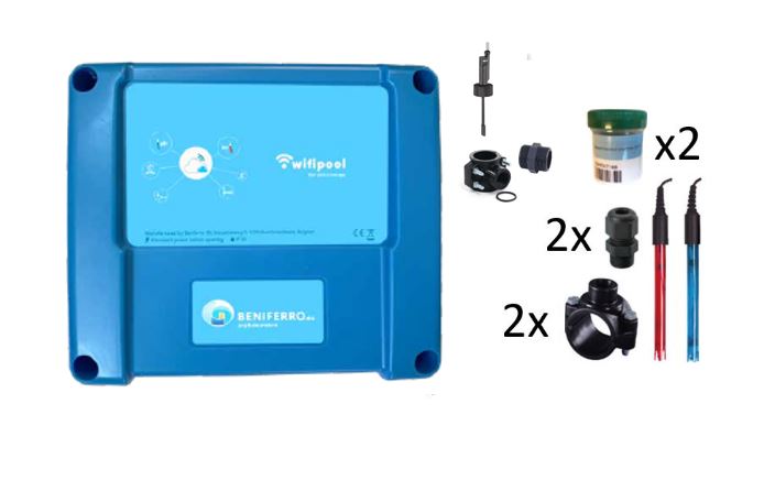 Wifipool connect GO measuring box for water treatment (pH-RX-Level x2-Flow), expandable to pH and Chlorine control complete kit