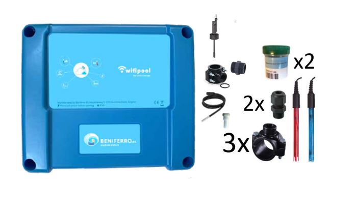 Wifipool connect PRO complete measuring box for salt electrolysis  (pH-RX -Temp x 2 -Level x2-Flow), expandable to pH , salt electrolysis control and heating complete kit