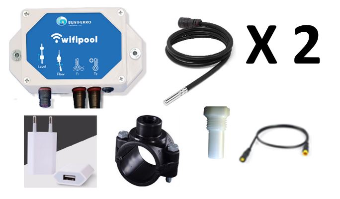 Wifipool TLF module for solar heating control incl temp probe x 2 + extension cable temp probe roof (2m) +  tapping saddle 50mm -&gt; 1/2 inch + temp probe gland +  USB transformer plug 1 connection