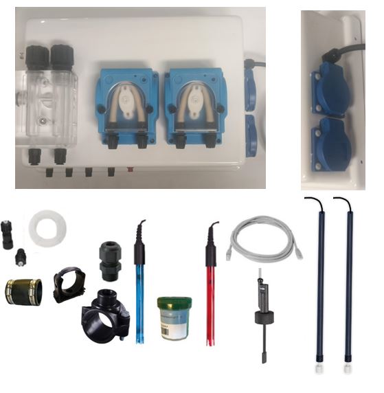 Zwemco Wifi Pool twin with flow switch, 1 temp probe and 2 extra plugs and level switches for pool up to 150m³. 
