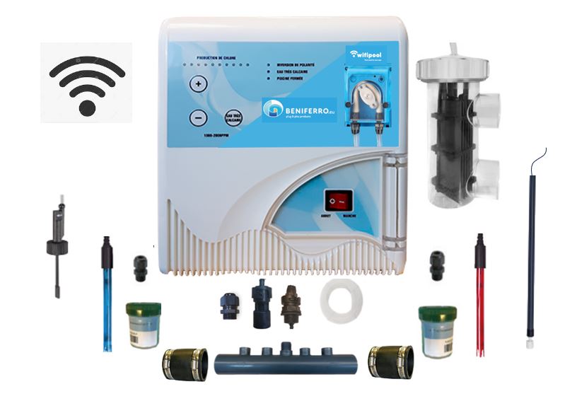 Salt electrolysis Low Salt not pre-assembled with pH and RX control - WiFi - with flow and level switch - 10g/h - Swimming pool up to 30 m³