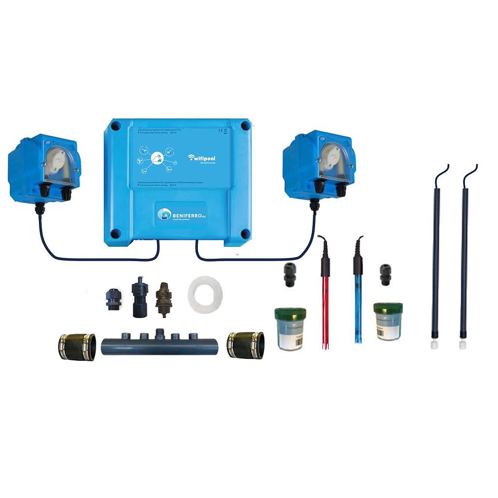 Ferrodos Wifi installation kit for pH and liquid chlorine control with flow and level switches and distribution tube, expandable with level, pressure and temperature measurement and with 2 extra control plugs.
