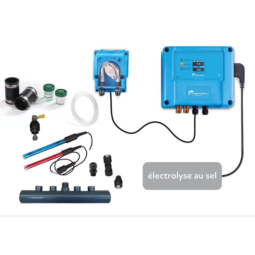 Salt electrolysis control device with pH and RX control and plug for salt electrolysis of your choice - Display - with flow switch
