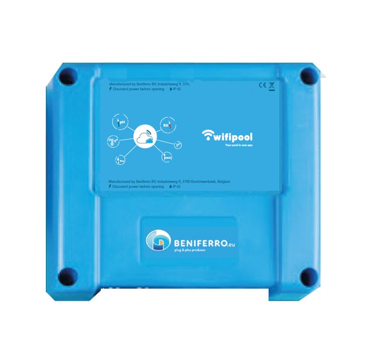
WiFipool CONNECT-PRO measuring and control box, expandable with pH, ​​RX, 3 x temperature, flow, 3 x level, pressure and conductivity measurements , ehternet connection and 4 plugs.