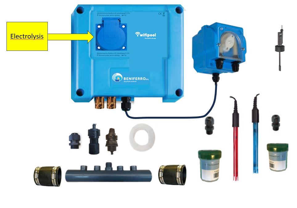 
Ferrosalt Wifi installation set for pH in combination with RX-controlled plug for (any) salt electrolysis with flow switch and distribution tube, expandable with level, pressure and temperature measurement and with 2 extra control plugs.