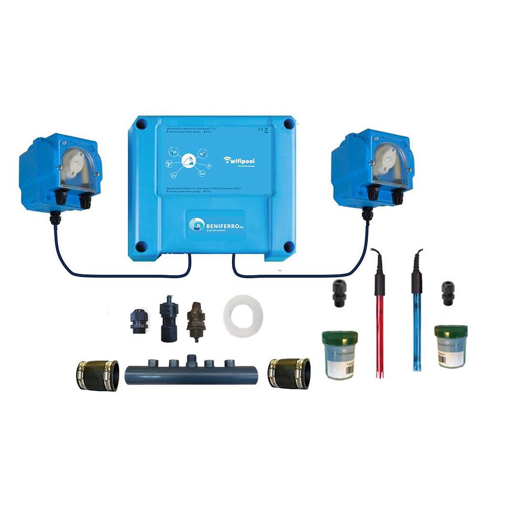 Ferrodos Wifi installation kit for pH and liquid chlorine control with distribution tube, expandable with level, pressure and temperature measurement and with 2 extra control plugs.
