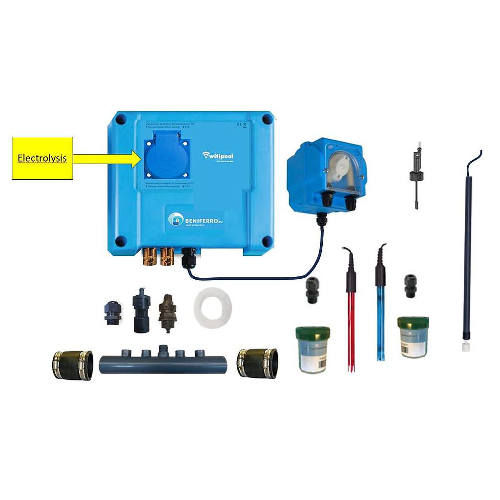 
Ferrosalt Wifi installation set for pH in combination with RX-controlled plug for (any) salt electrolysis with flow and level switch and distribution tube, expandable with level, pressure and temperature measurement and with 2 extra control plugs.