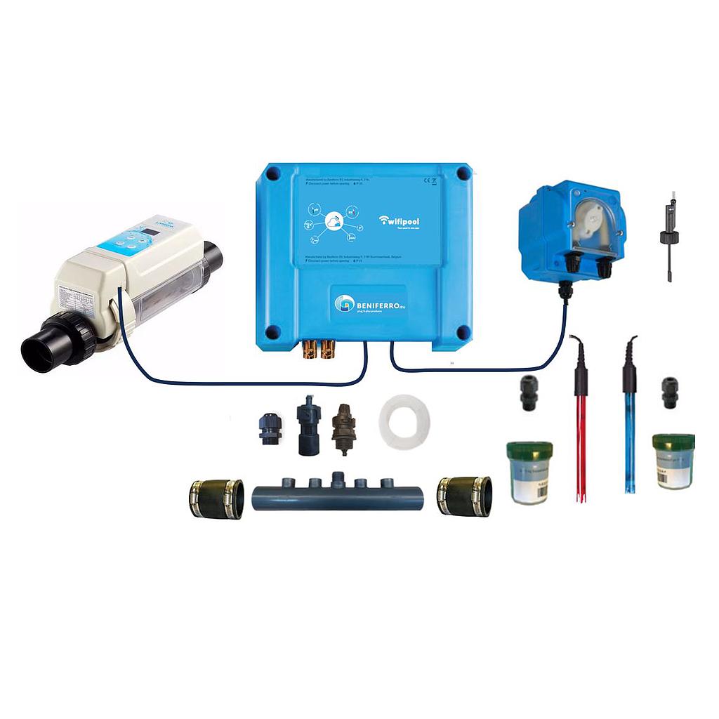 
Ferrosalt Wifi installation set for pH in combination with salt electrolysis HS 16g/h (swimming pool up to 50m³) with flow switch and distribution tube, expandable with level, pressure and temperature measurement and with 2 extra control plugs.