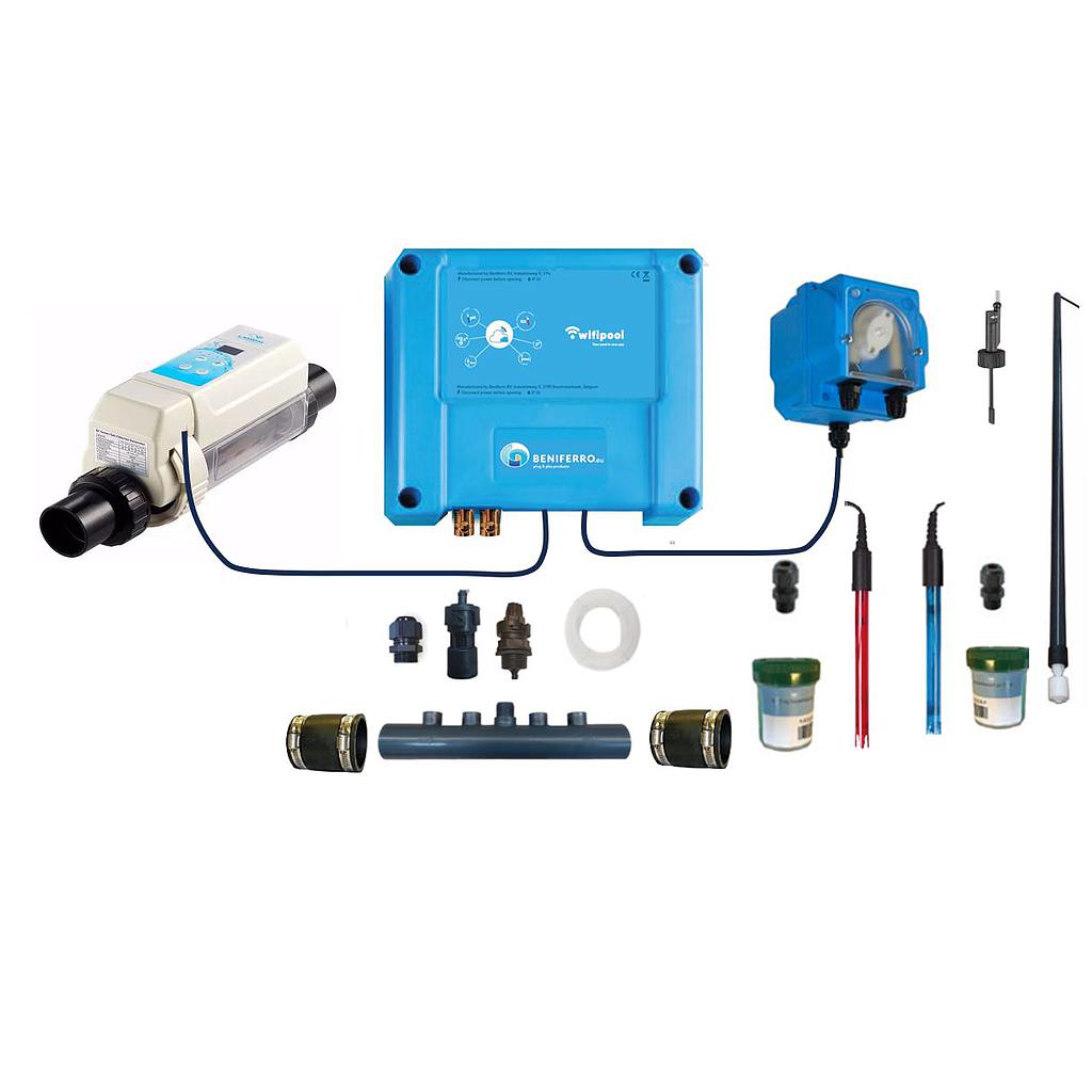 
Ferrosalt Wifi installation set for pH in combination with salt electrolysis HS 16g/h (swimming pool up to 50m³) with flow and level switch and distribution tube, expandable with level, pressure and temperature measurement and with 2 extra control plugs.