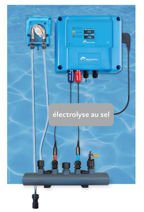 Salt electrolysis control device pre-mounted on wall plate with pH and RX control and plug for salt electrolysis of your choice - Display - with flow switch