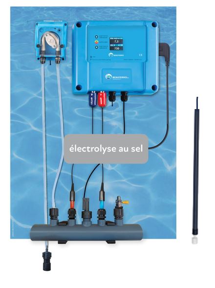 Salt electrolysis control device pre-mounted on wall plate with pH and RX control and plug for salt electrolysis of your choice - Display - with flow and level switch