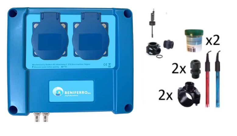 &quot;Wifipool Connect Pro measuring and control box plug &amp; play with connections for water treatment (pH, RX, Flow and 2x level) and 2 control plugs - with installation accessories (RX probe liquid chlorine)&quot;