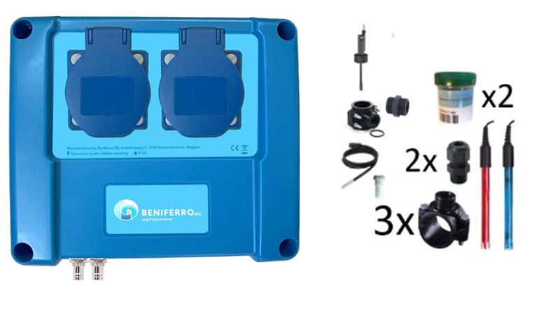 Wifipool Connect Pro measuring and control box plug &amp; play with connections for water treatment and heating (pH, RX, Flow, 2x level switch, 2x temp measurement and 25A contactor for heat pump) and 2 control plugs - with installation accessories (RX probe liquid chlorine)