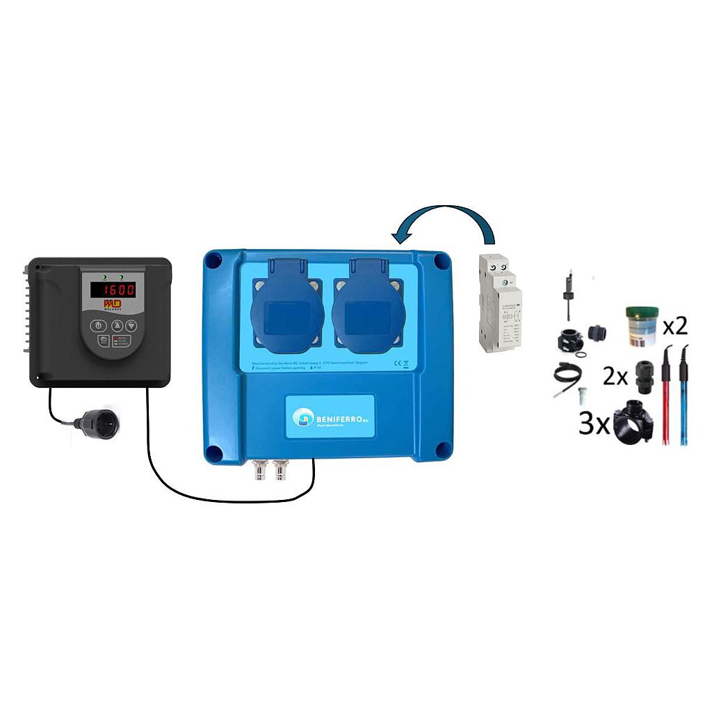 Wifipool Connect Pro measuring and control box plug &amp; play with frequency controller, connections for water treatment and heating (pH, RX, Flow, 2x level switch, 2x temp measurement and 25A contactor for heat pump) and 2 control plugs - with installation accessories (RX probe liquid chlorine)