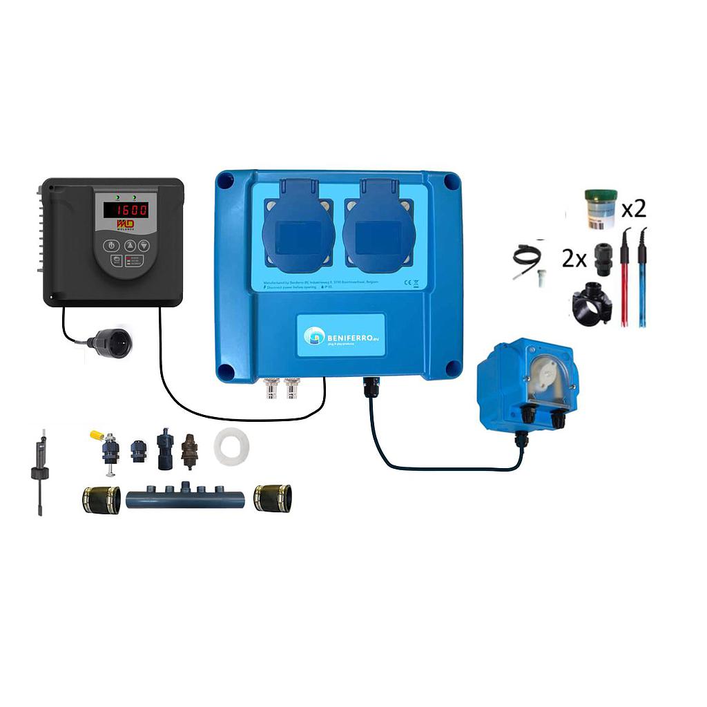Wifipool Connect Pro measuring and control box plug &amp; play with frequency controller, peristaltic pump, plug for (any) salt electrolysis and connections and for water treatment/heating (pH, RX, Flow, 2x level switch, 2x temp measurement), extra control plug (UV lamp, lighting, heating...) - with installation accessories (RX probe salt electrolysis)