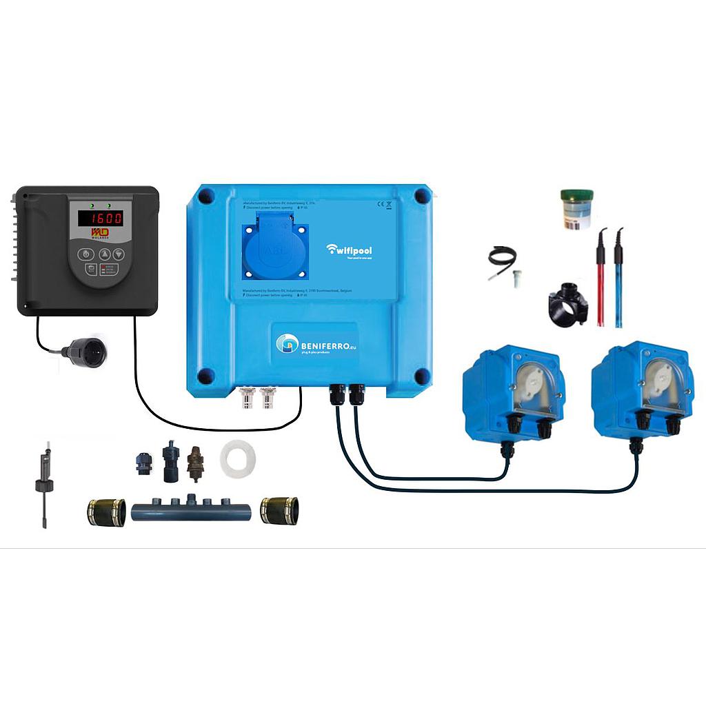 Wifipool Connect Pro measuring and control box plug &amp; play with frequency controller, 2 peristaltic pumps for liquid pH and chlorine and connections and for water treatment/heating (pH, RX, Flow, 2x level switch, 2x temp measurement), extra control plug (UV lamp , lighting, heating...) - with installation accessories (RX liquid chlorine probe)